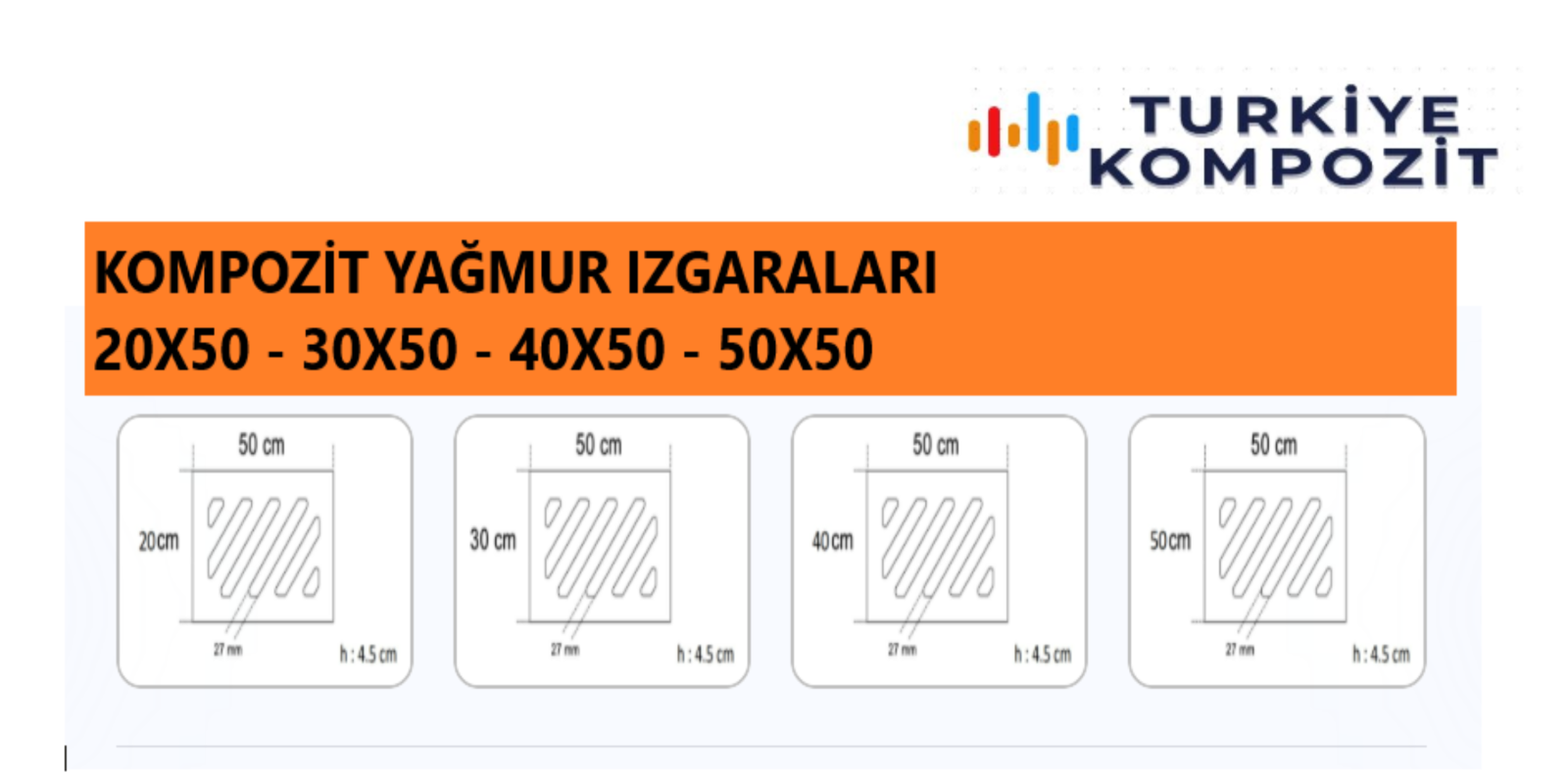 Kompozit Yağmur Suyu Izgaraları | 20x50 - 30x50 - 40x50 - 50x50 | Türkiye Kompozit